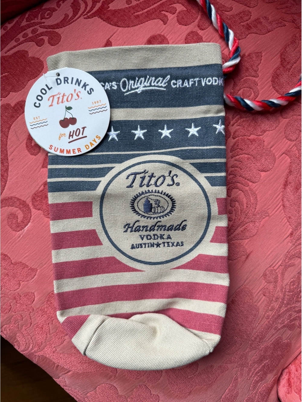 Tito’s Striped Canvas Drawstring Bag with Patriotic Twisted Cord